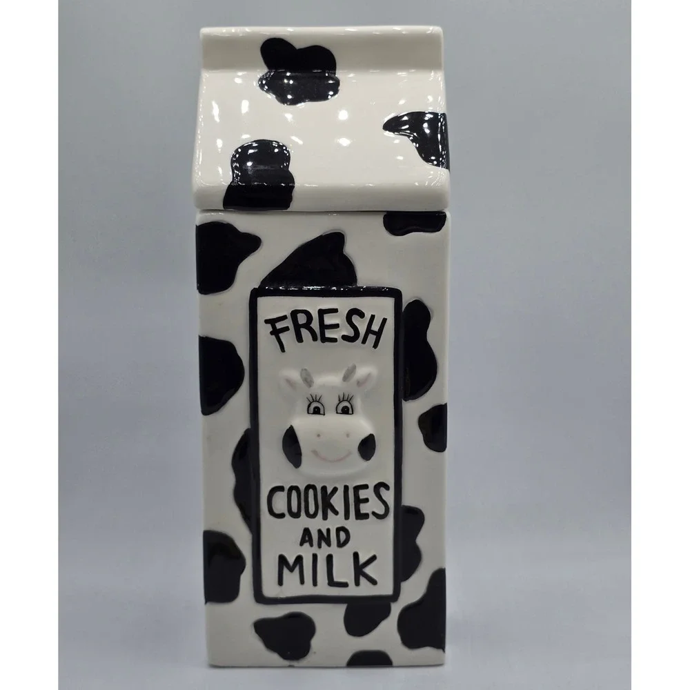 Houston Harvest Cow Print Milk Carton Ceramic Cookie Jar Fresh Cookies and Milk